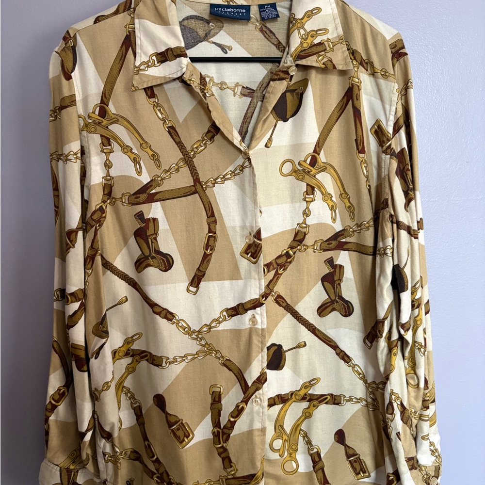 Liz Claiborne Blouse Shirt Vintage 1980s Equestrian Bridles Sz M Rayon LizSport